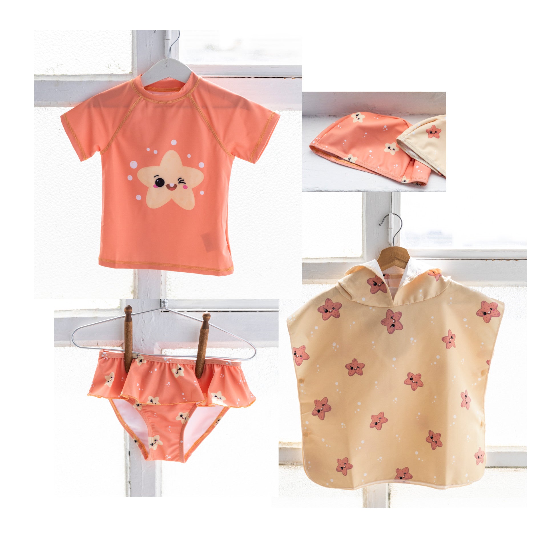 Pack de camiseta solar, bañador braguita, gorro de piscina y poncho <br>Colección Estrellitas<br>SONRISITA