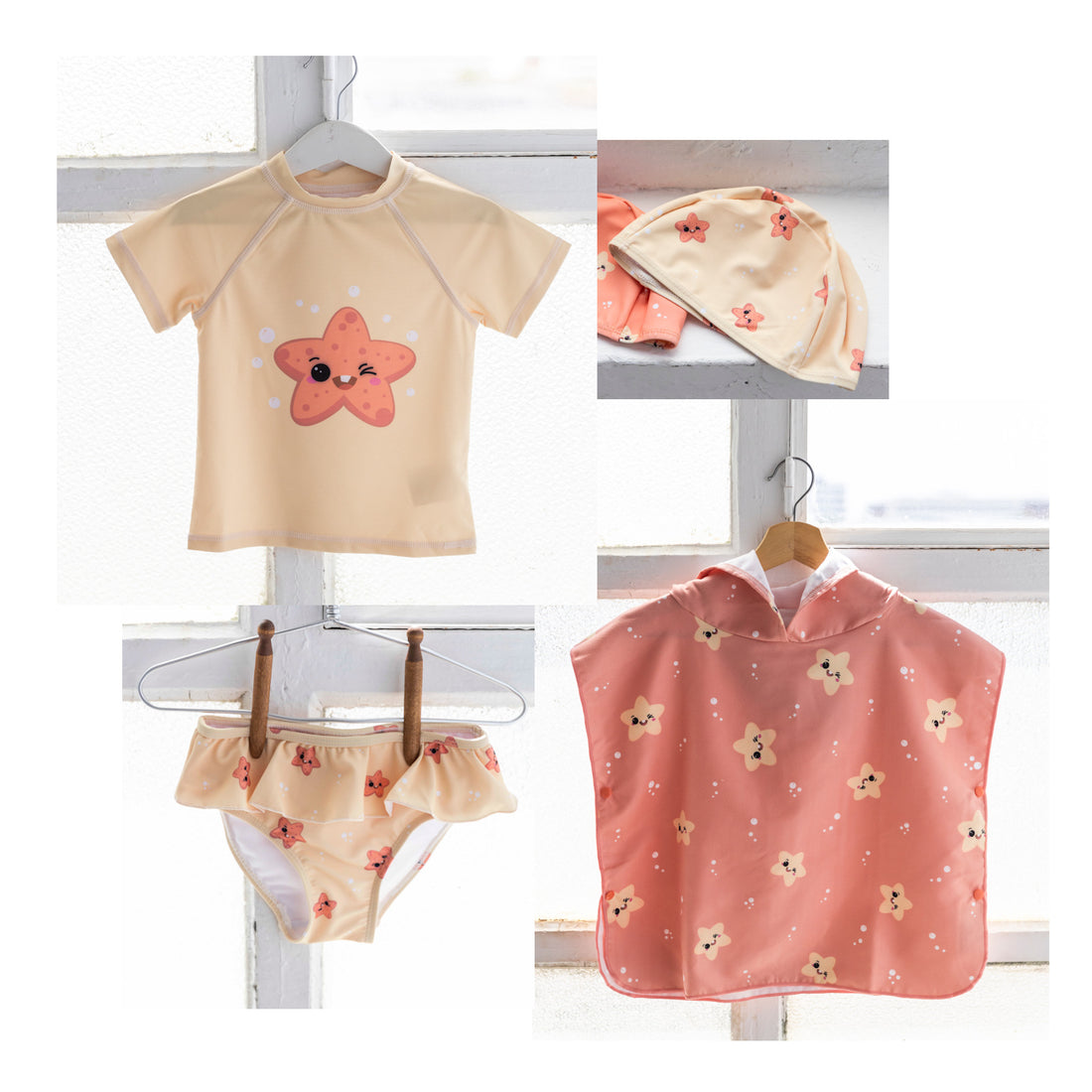 Pack de camiseta solar, bañador braguita, gorro de piscina y poncho <br>Colección Estrellitas<br>SONRISITA